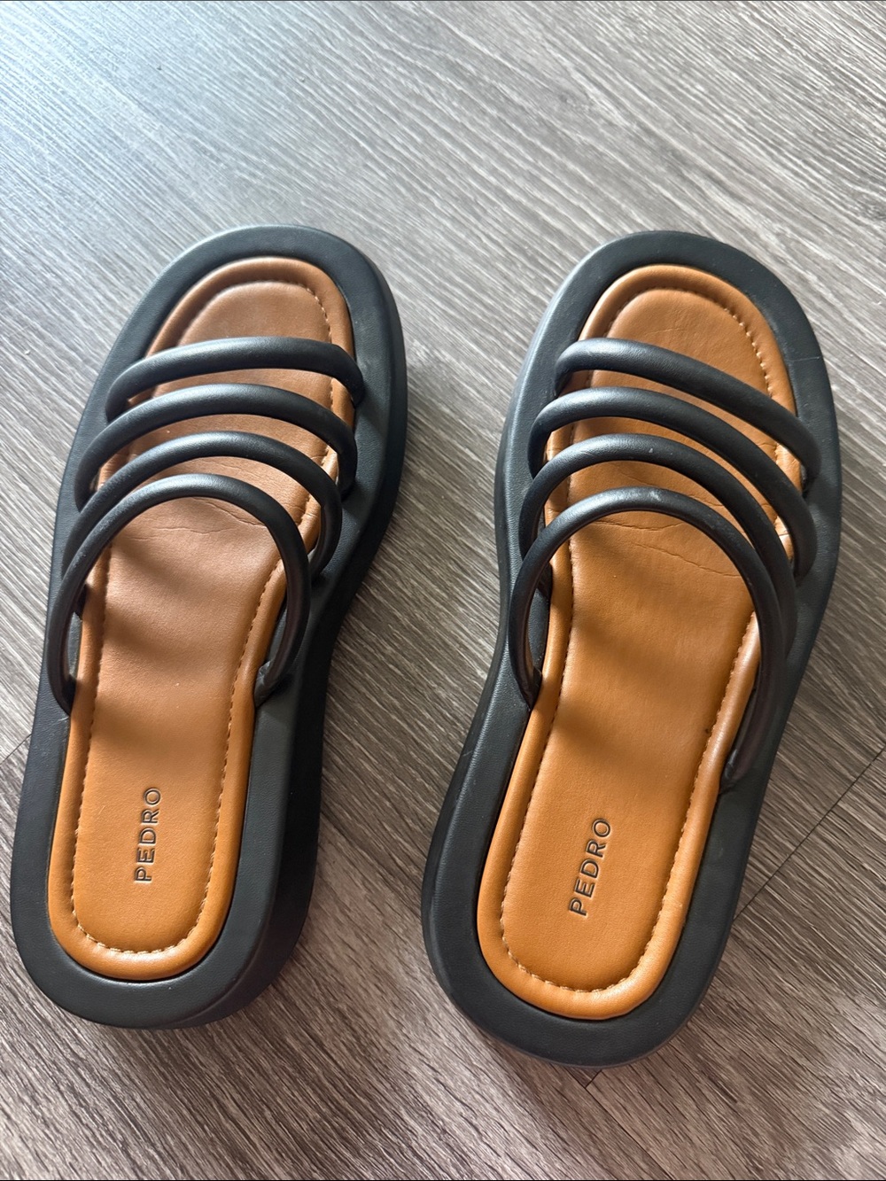 PEDRO Black Triple-Strap Slide Sandals with Tan Footbed
